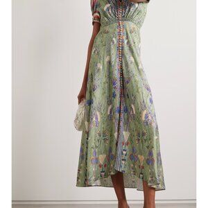 Saloni Lea Long Dress in Printed Silk in Papyrus Border Size 4 (US) Size 8 (UK)